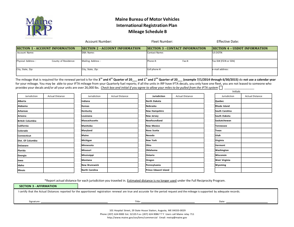 Schedule B Irp Uniform Distance Schedule - International Registration Plan - Maine, Page 1