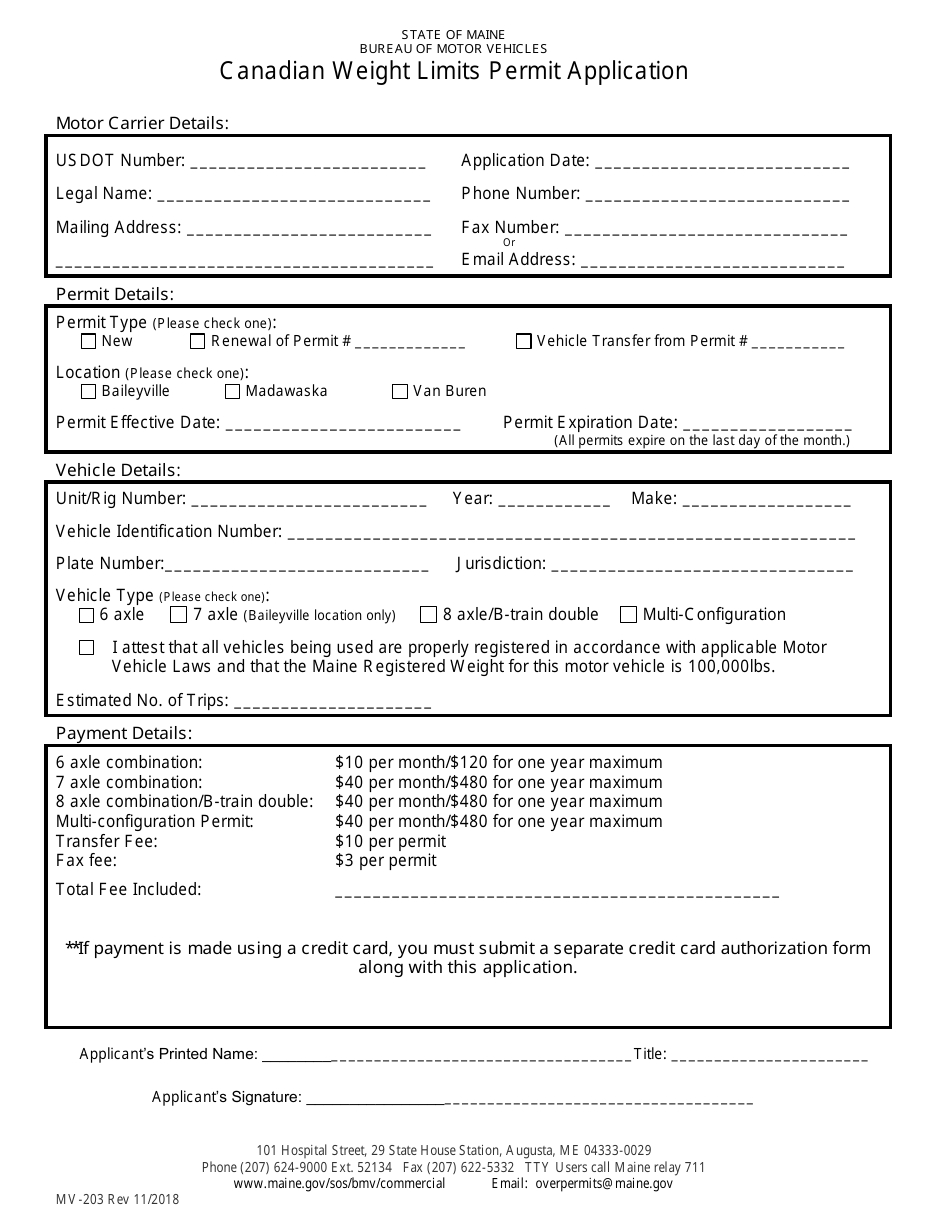 Form MV-203 Canadian Weight Limits Permit Application - Maine, Page 1