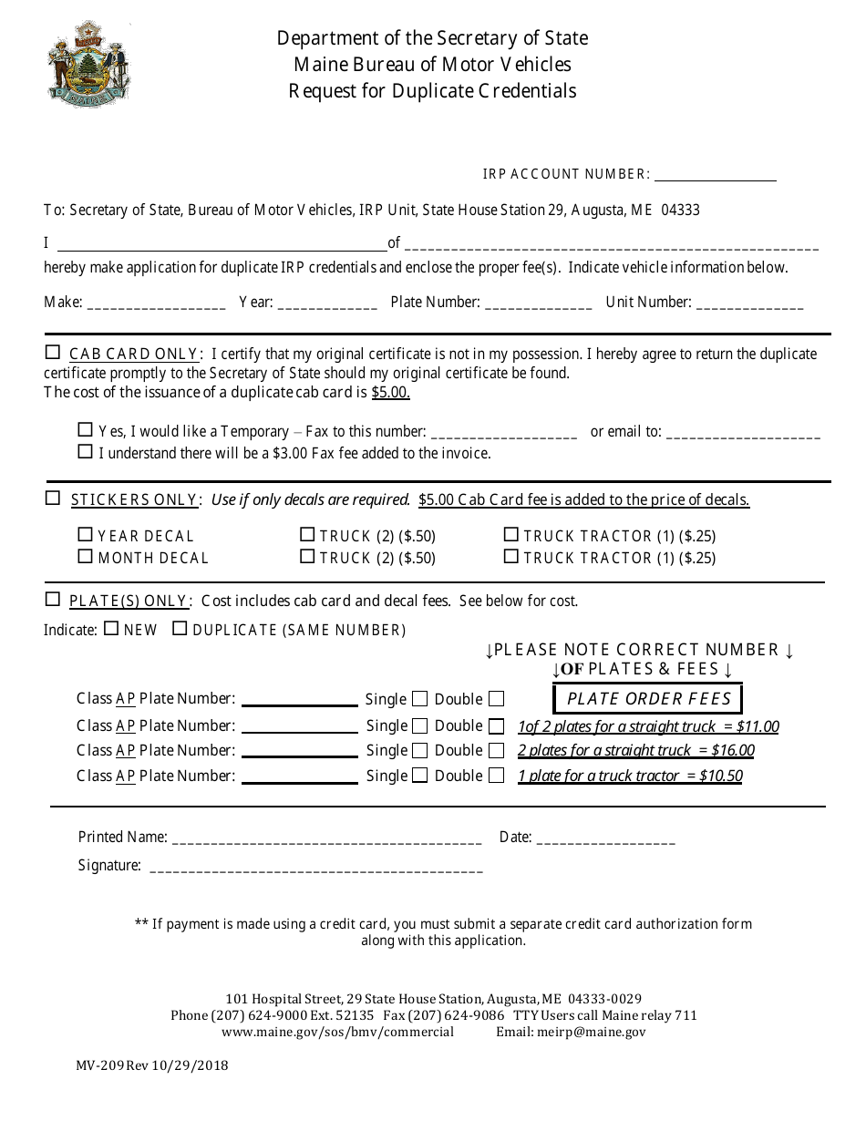 Form MV209 Fill Out, Sign Online and Download Printable PDF, Maine
