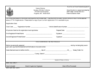 Document preview: Form MVR60A Plate Activation Request - Maine