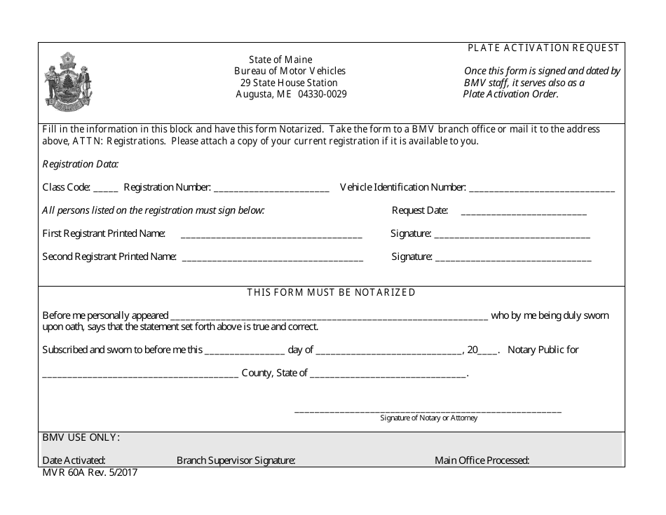 Form MVR60A Plate Activation Request - Maine, Page 1