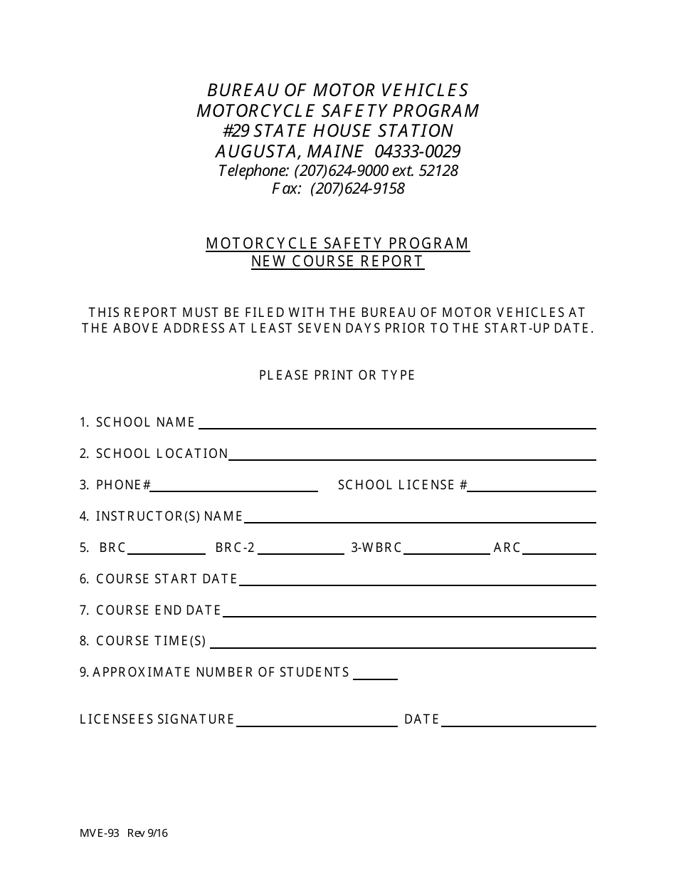 Form MVE-93 New Course Report - Motorcycle Safety Program - Maine, Page 1