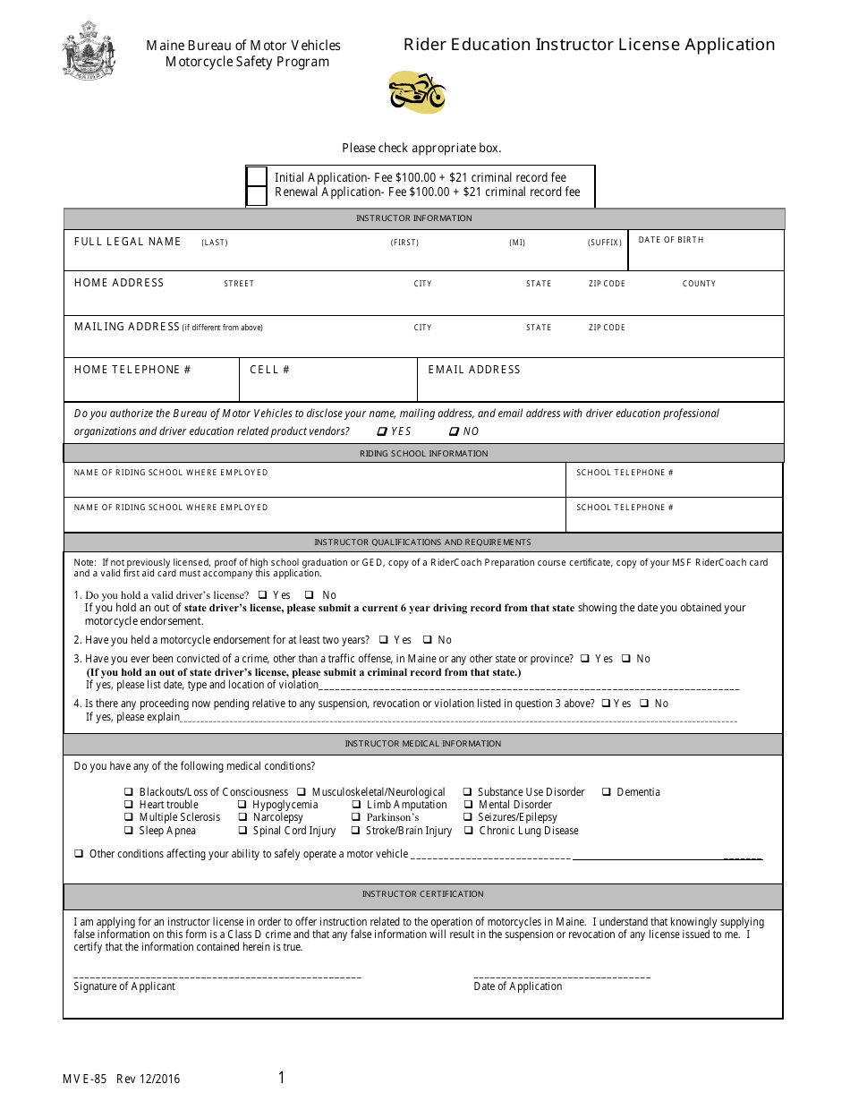Form MVE-85 Rider Education Instructor License Application - Maine, Page 1