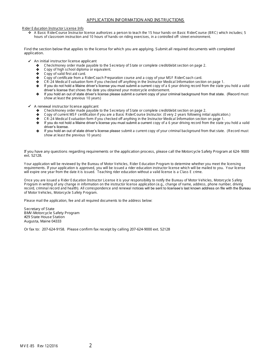 Form MVE-85 Rider Education Instructor License Application - Maine, Page 2