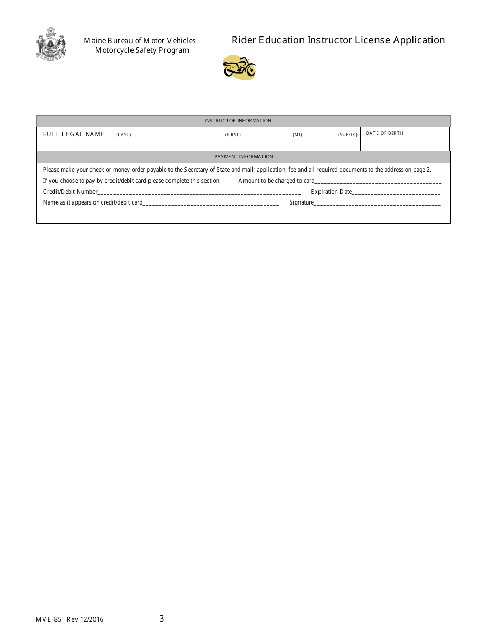 Form MVE-85 Rider Education Instructor License Application - Maine, Page 3