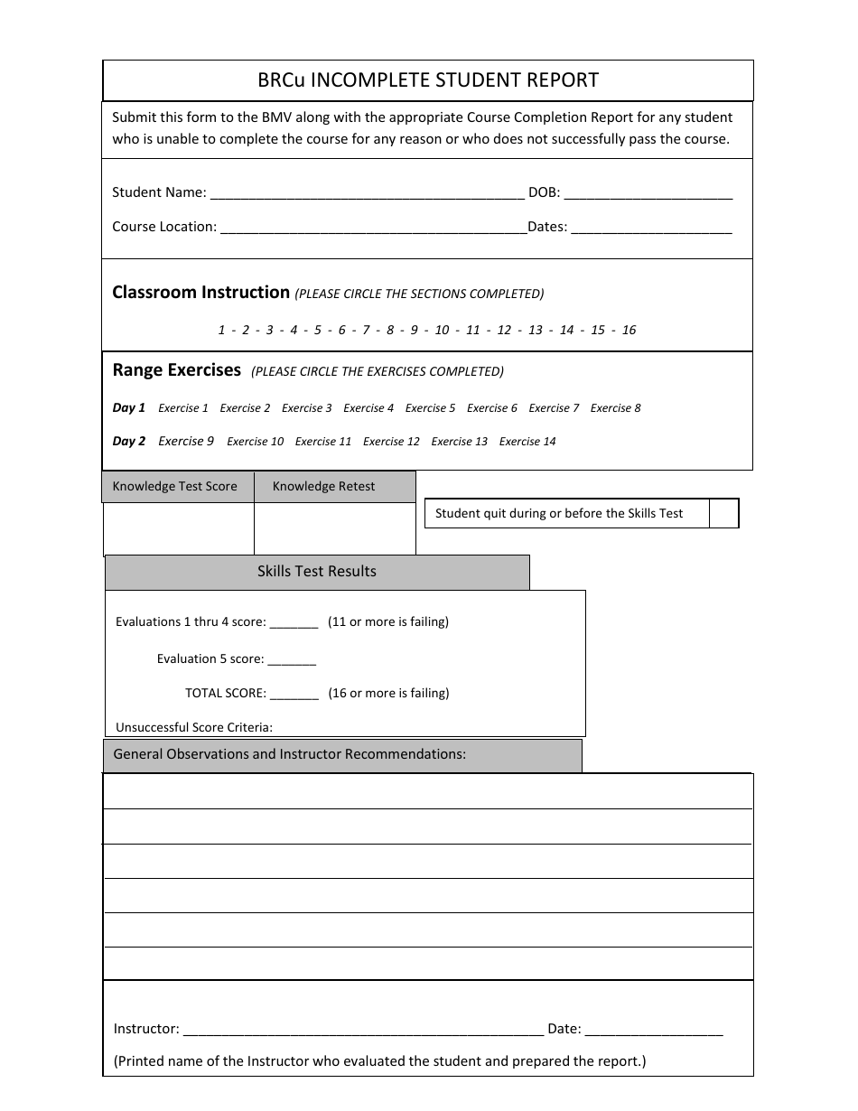 Brc Incomplete Student Report Form - Maine, Page 1