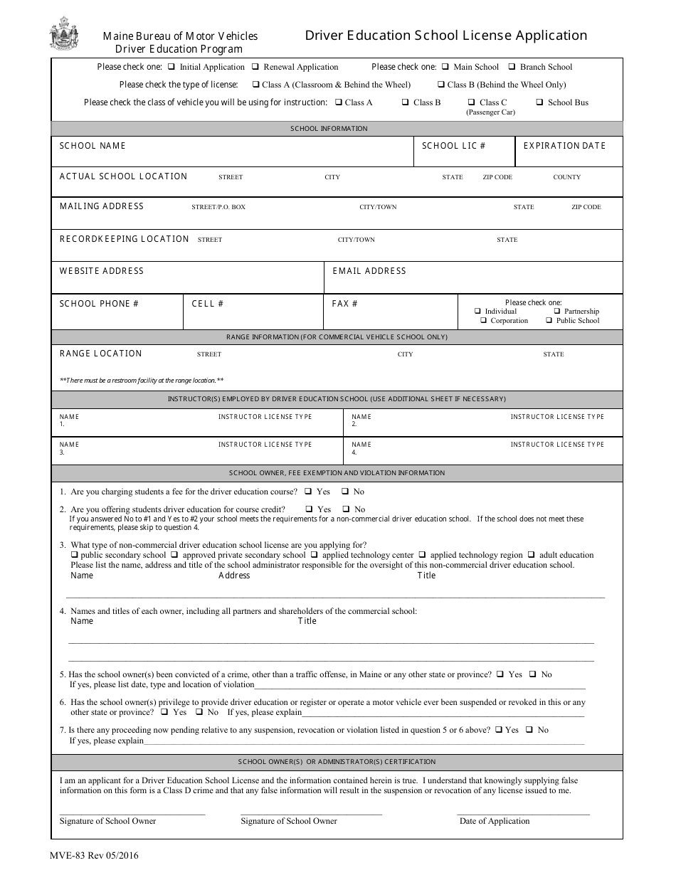 Form MVE-83 Driver Education School License Application - Maine, Page 1