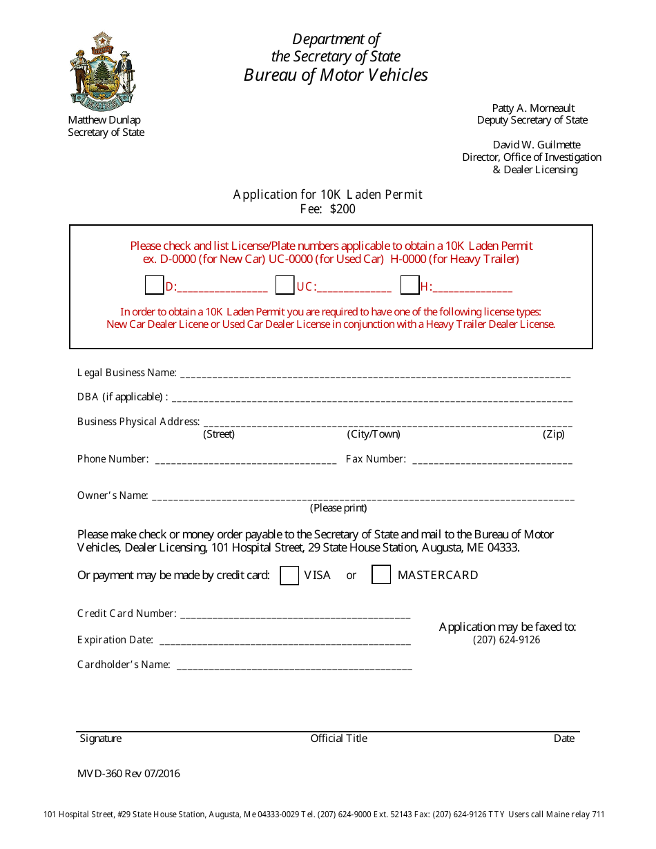 Form MVD-360 Application for 10k Laden Permit - Maine, Page 1