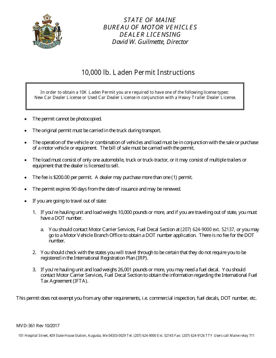 Instructions for Form MVD-360 Application for 10k Laden Permit - Maine, Page 1