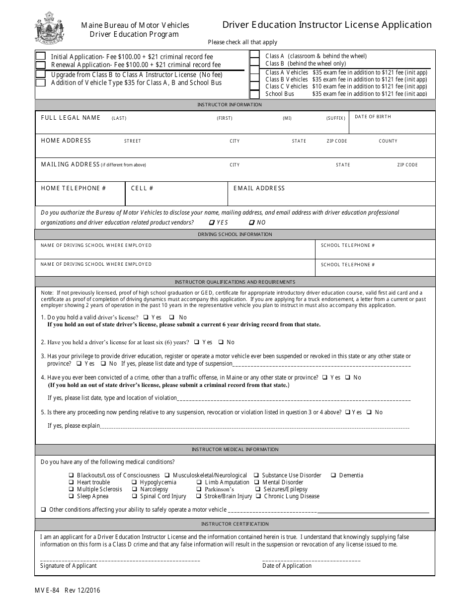 Form MVE-84 Driver Education Instructor License Application - Maine, Page 1