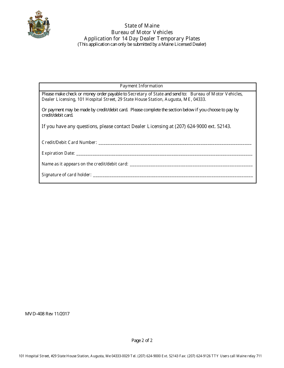 Form MVD-408 Application for 14 Day Dealer Temporary Plates - Maine, Page 2