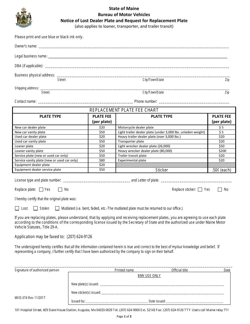 Form MVD374 Fill Out, Sign Online and Download Fillable PDF, Maine