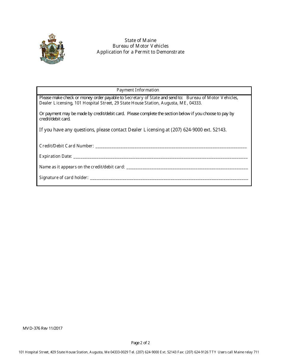 Form MVD-376 Application for a Permit to Demonstrate - Maine, Page 2