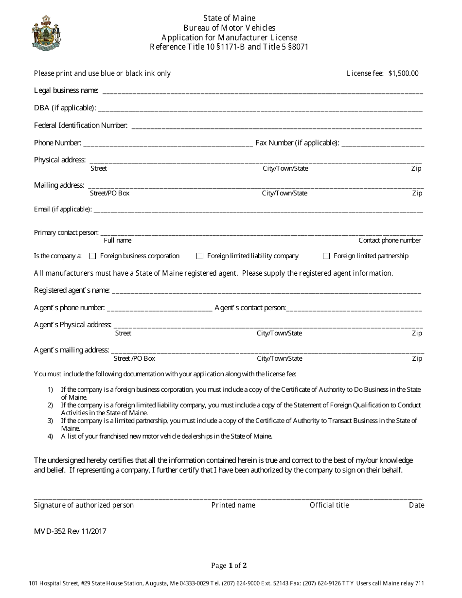 Form MVD-352 Application for Manufacturer License - Maine, Page 1