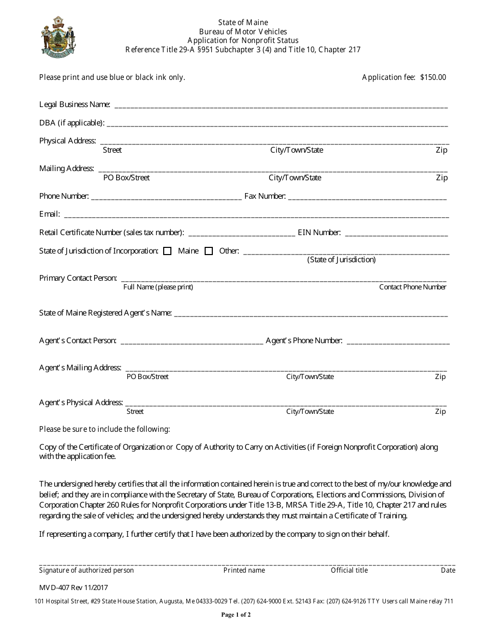Form MVD-407 Application for Nonprofit Status - Maine, Page 1