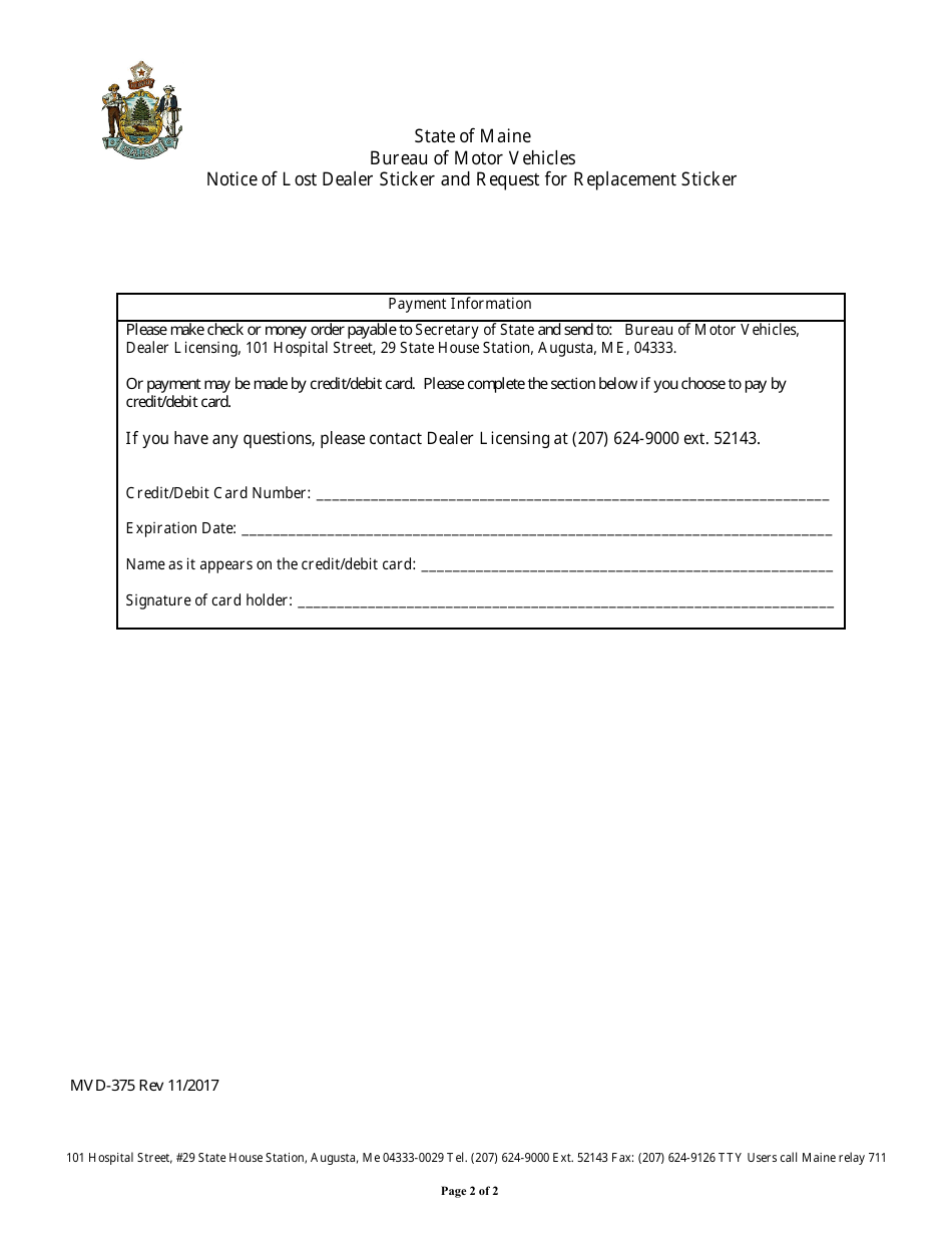 Form MVD-375 Notice of Lost Dealer Sticker and Request for Replacement Sticker - Maine, Page 2