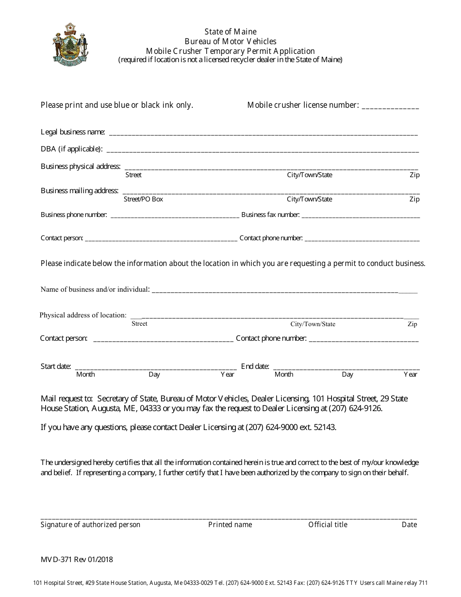 Form MVD-371 Mobile Crusher Temporary Permit Application - Maine, Page 1