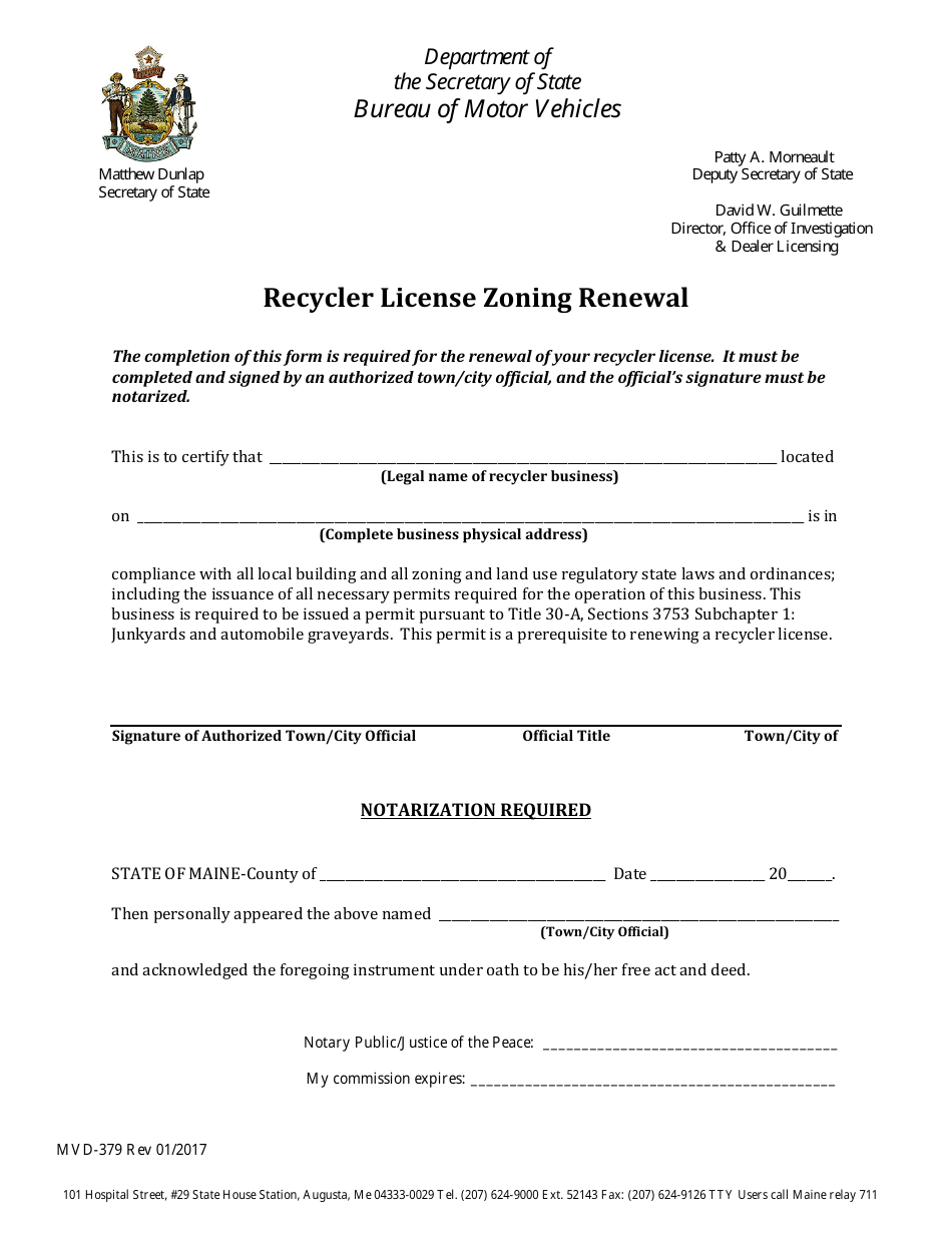 Form MVD-379 Recycler License Zoning Renewal - Maine, Page 1