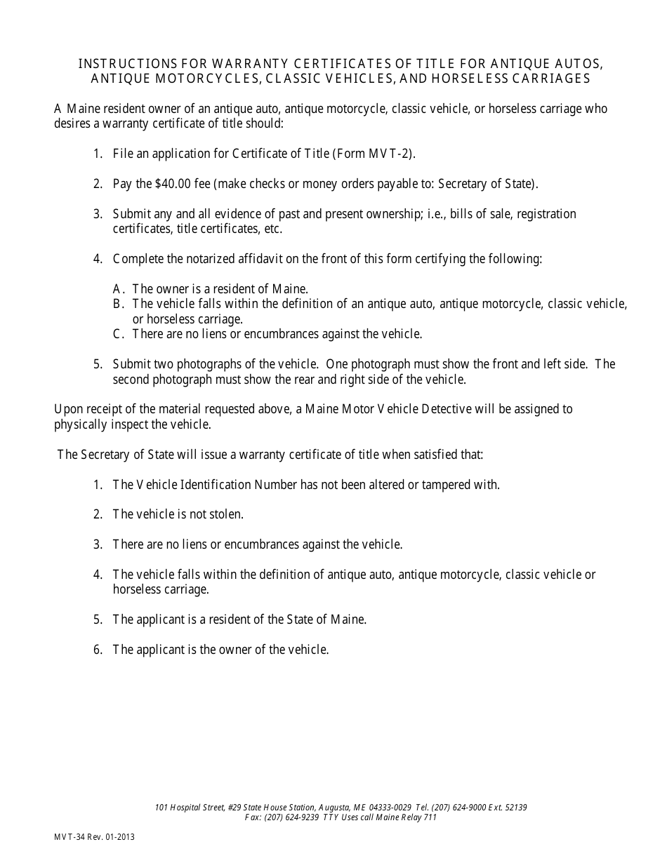 Form MVT-34 Affidavit of Owner of an Antique Auto, Antique Motorcycle, Classic Vehicle, or Horseless Carriage - Maine, Page 2