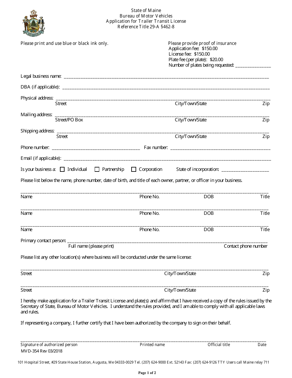 Form MVD-354 Application for Trailer Transit License - Maine, Page 1