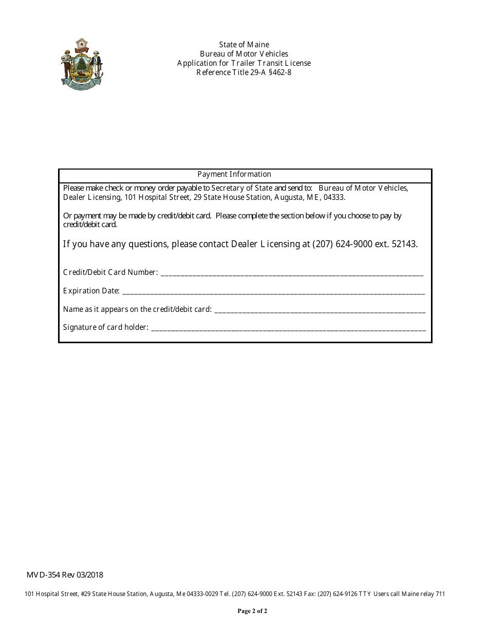 Form MVD-354 Application for Trailer Transit License - Maine, Page 2