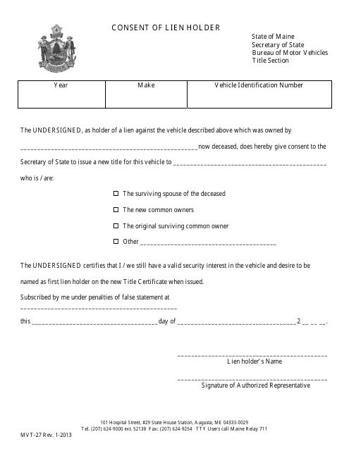Form MVT-27 Consent of Lien Holder - Maine