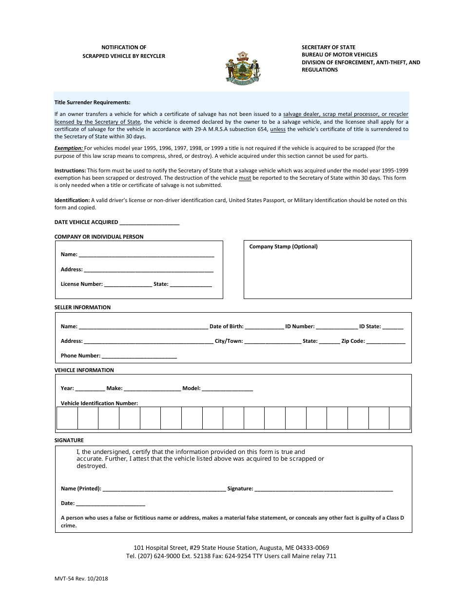 Form MVT-54 - Fill Out, Sign Online and Download Fillable PDF, Maine ...