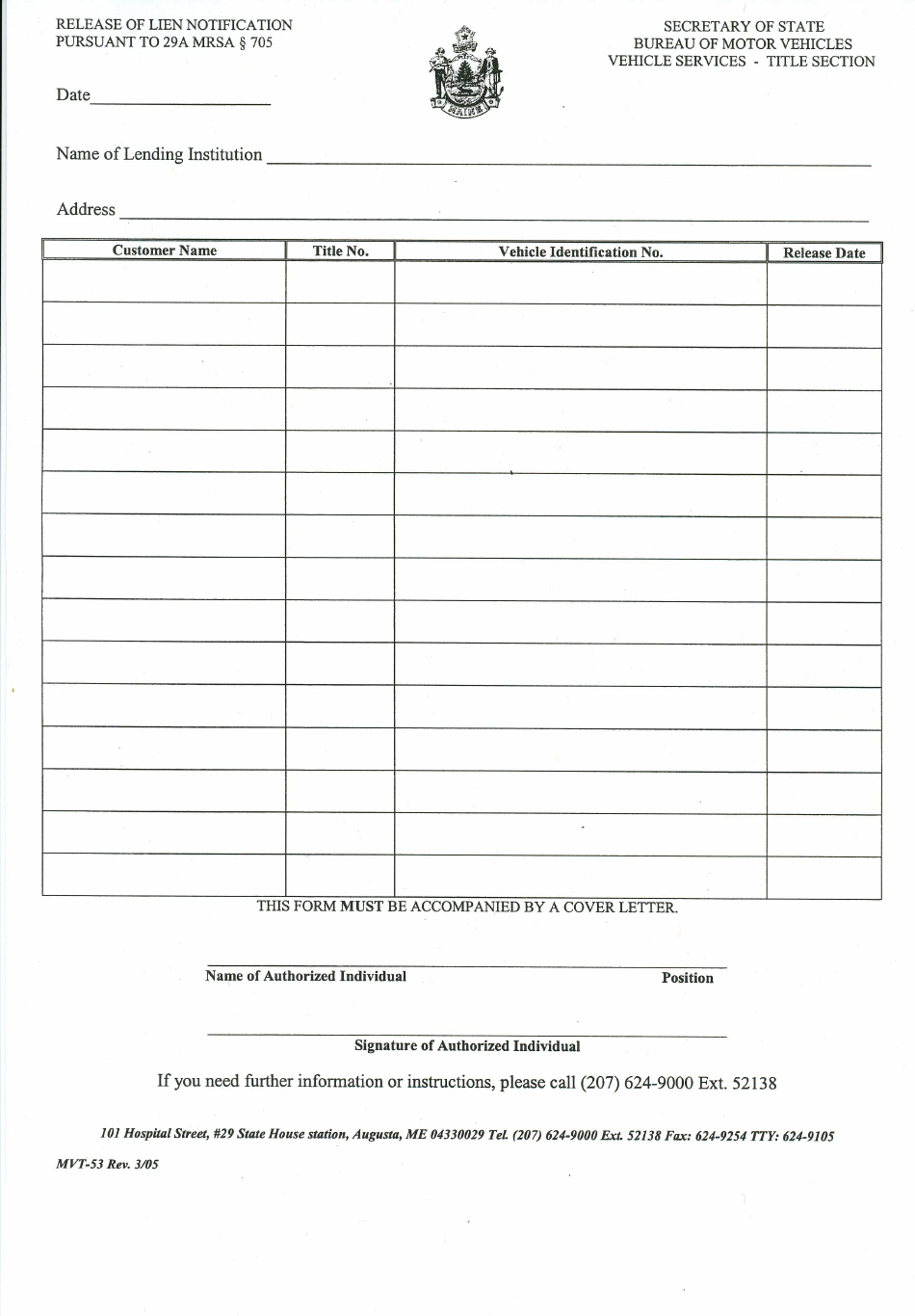 Form MVT-53 Release of Lien Notification - Maine, Page 1