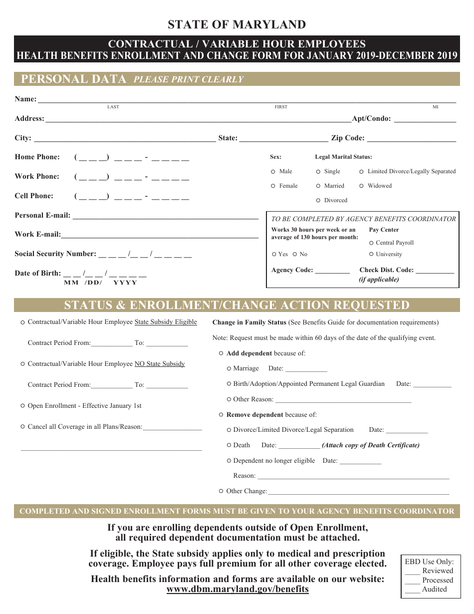 Contractual / Variable Hour Employees Health Benefits Enrollment and Change Form - Maryland, Page 1