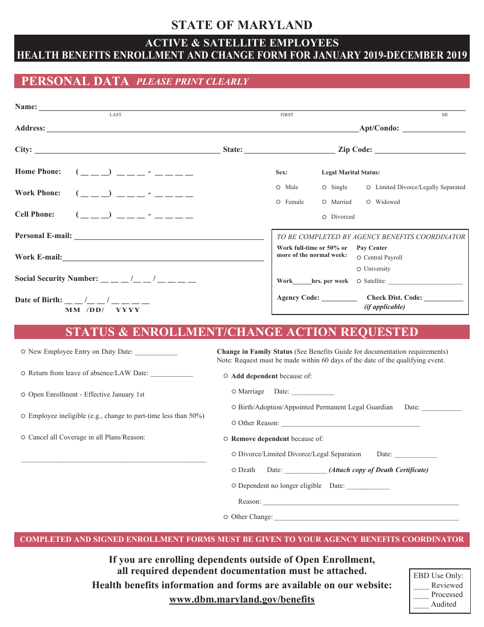 Active and Satellite Employees Health Benefits Enrollment and Change Form - Maryland, Page 1
