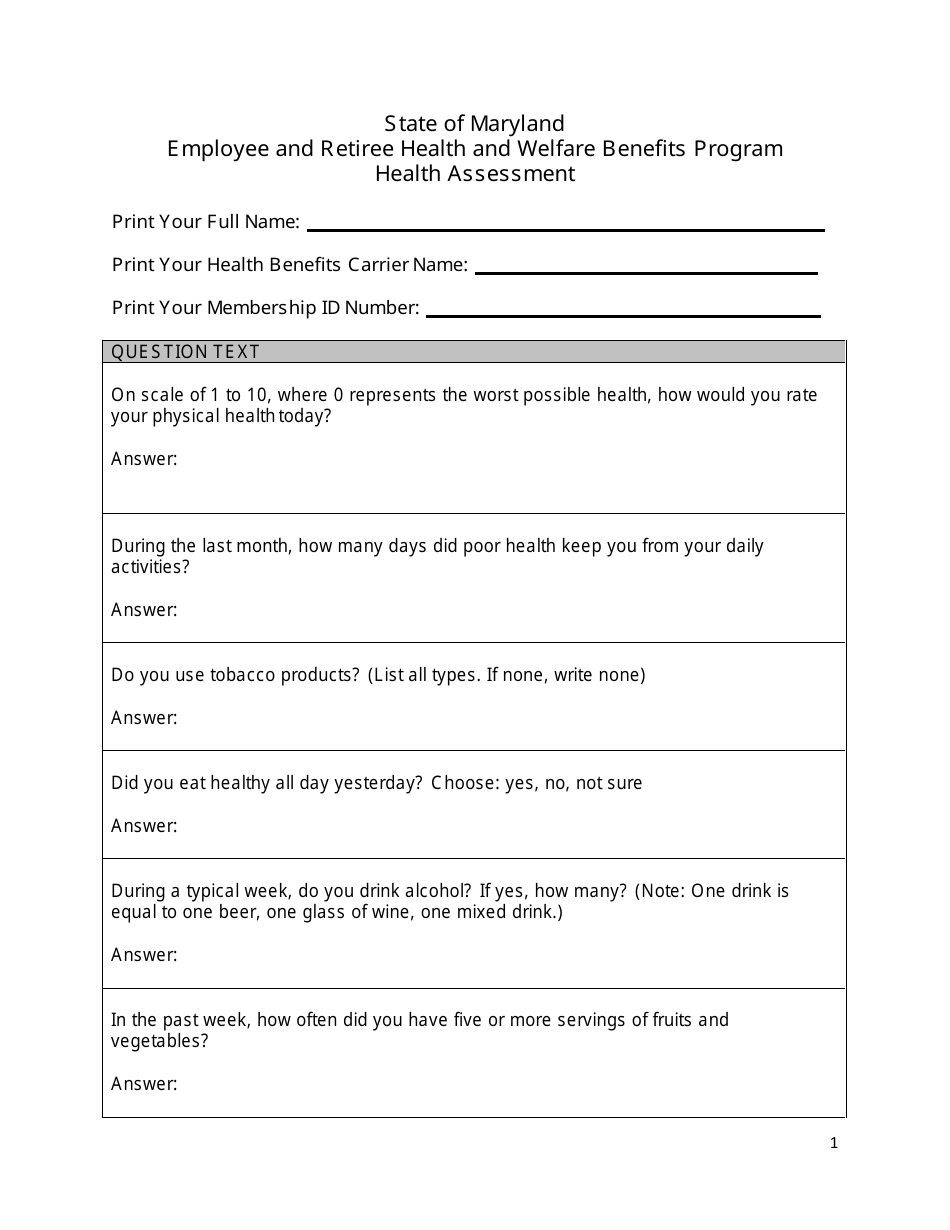 Health Risk Assessment Form - Employee and Retiree Health and Welfare Benefits Program - Maryland, Page 1
