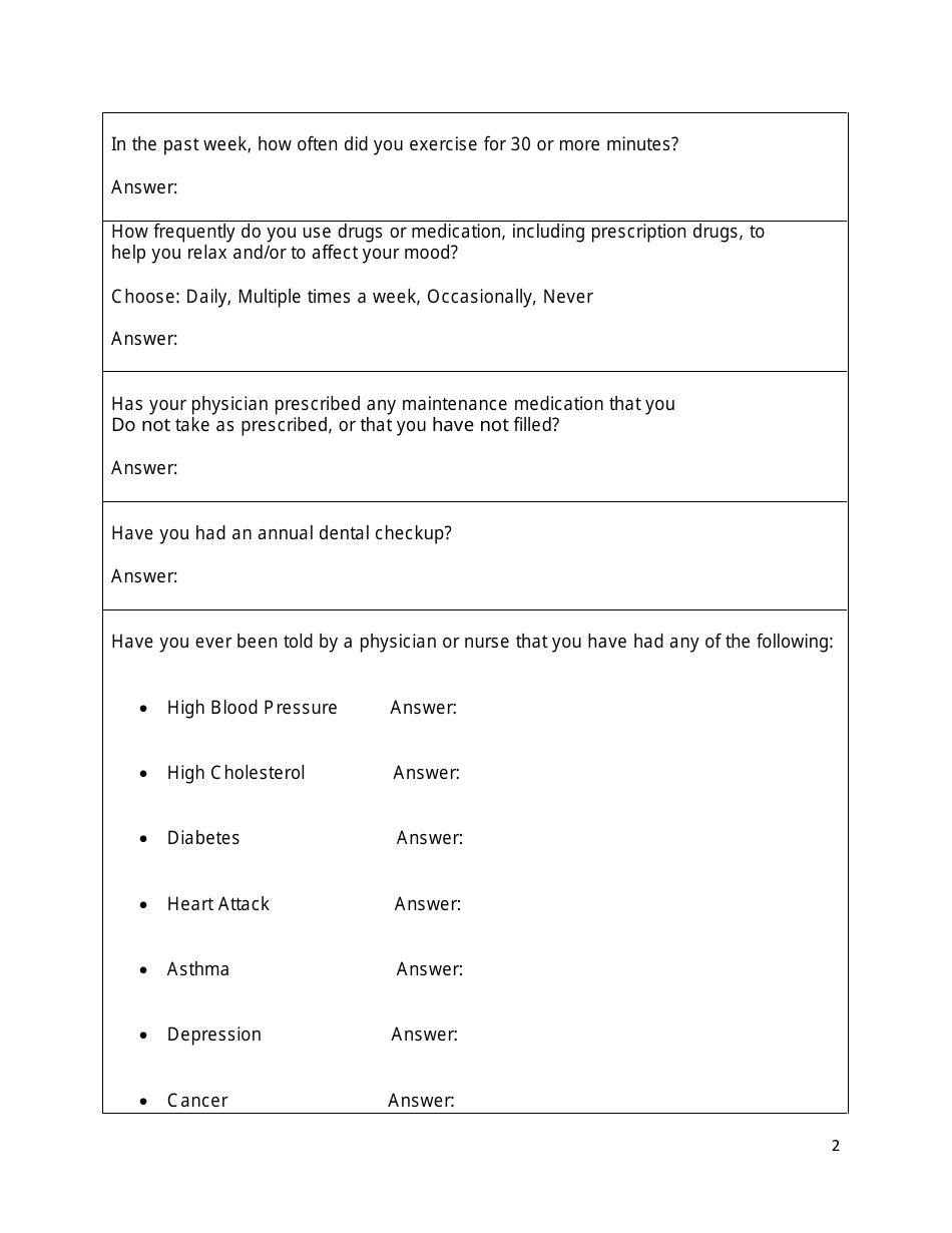 Health Risk Assessment Form - Employee and Retiree Health and Welfare Benefits Program - Maryland, Page 2
