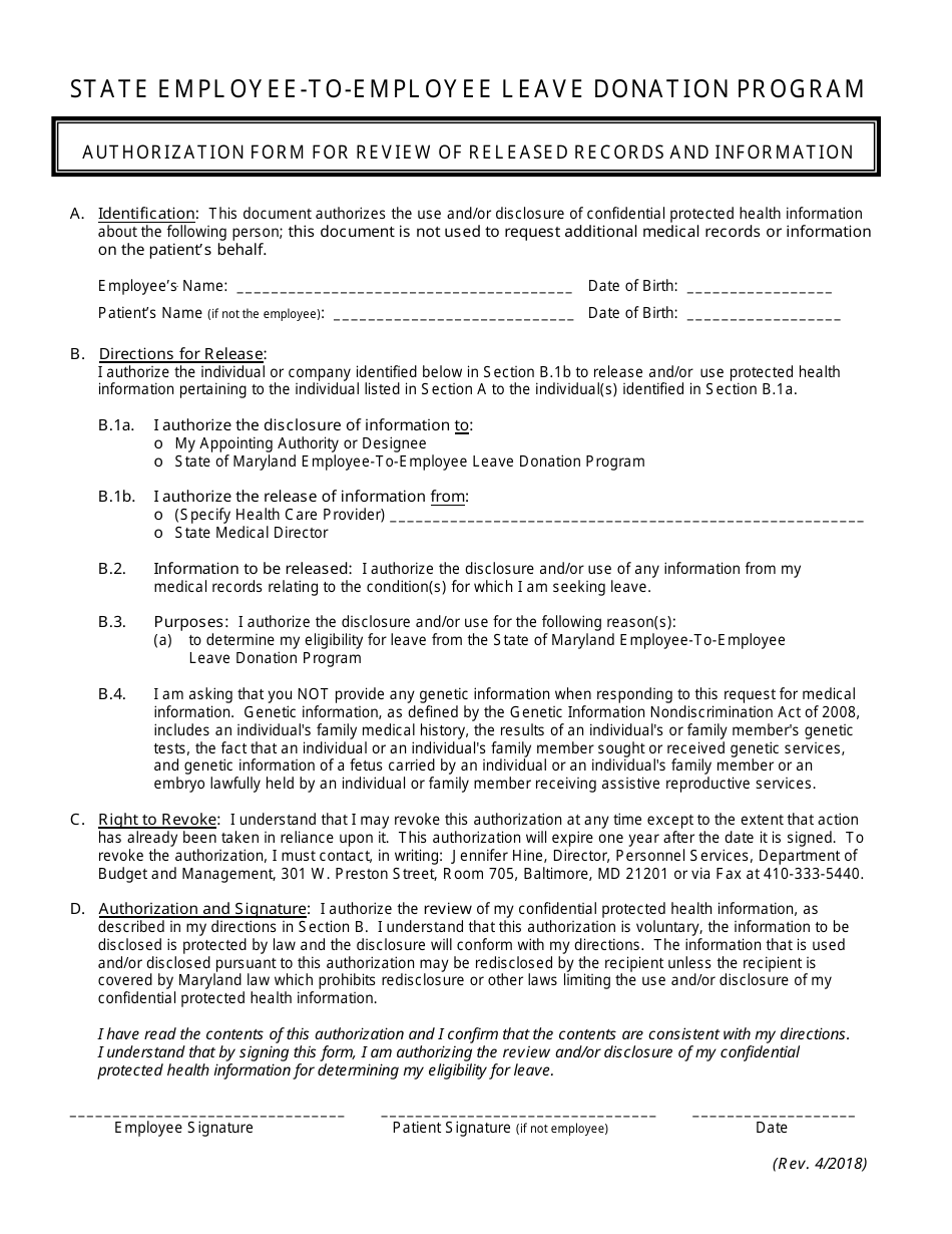 Authorization Form for Review of Released Records and Information - Maryland, Page 1