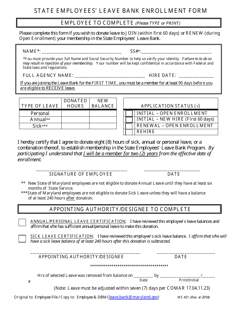 Form MS401 State Employees Leave Bank Enrollment Form - Maryland, Page 1