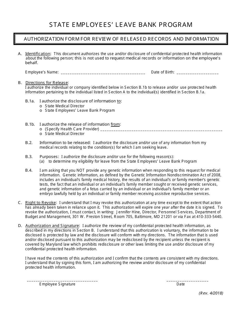 Authorization Form for Review of Released Records and Information - State Employees Leave Bank Program - Maryland, Page 1