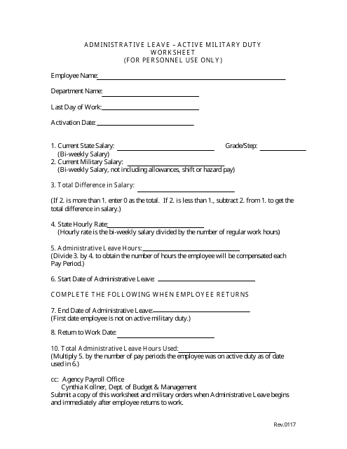 &quot;Administrative Leave - Active Military Duty Worksheet&quot; - Maryland Download Pdf