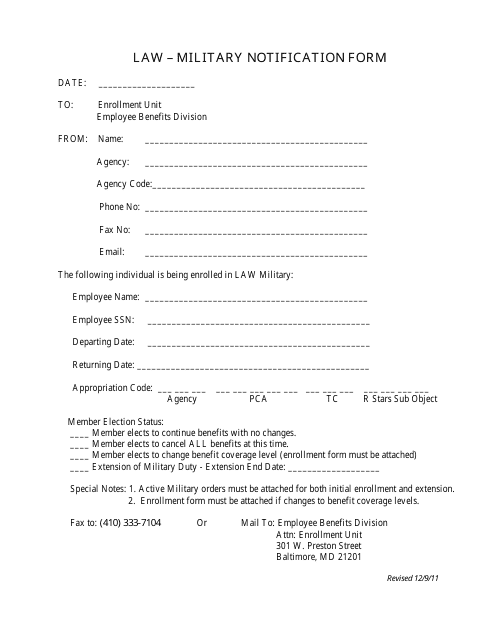 "Law - Military Notification Form" - Maryland Download Pdf