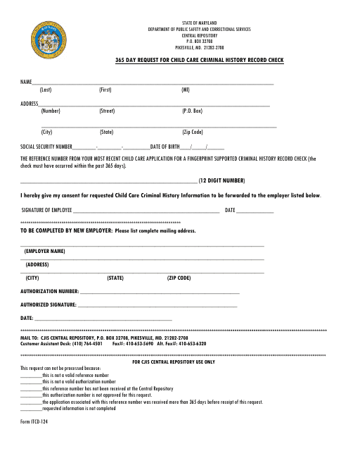 Form ITCD-124 365 Day Request for Child Care Criminal History Record Check - Maryland