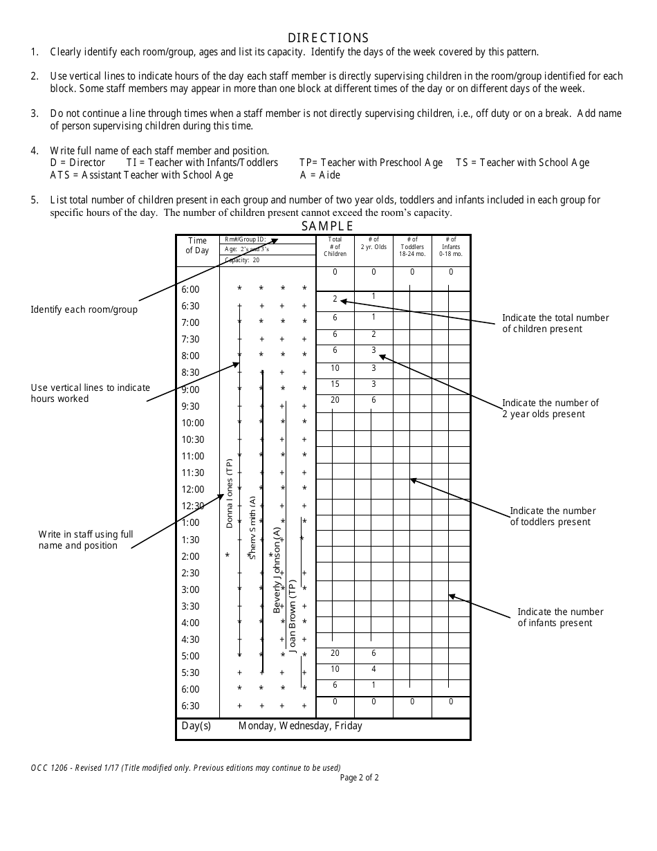 Form OCC1206 Staffing Pattern for Child Care Facilities - Maryland, Page 2