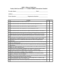 Document preview: Family Child Care Homes - 3 + 4 Infant/Toddlers Orientation Checklist - Maryland
