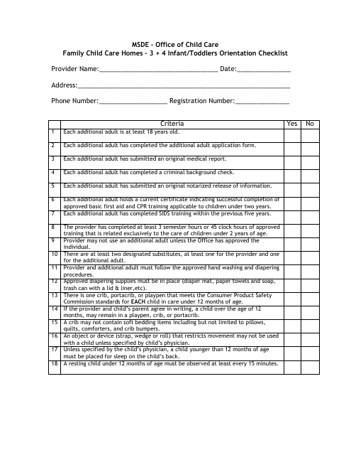 Family Child Care Homes - 3 + 4 Infant / Toddlers Orientation Checklist - Maryland Download Pdf