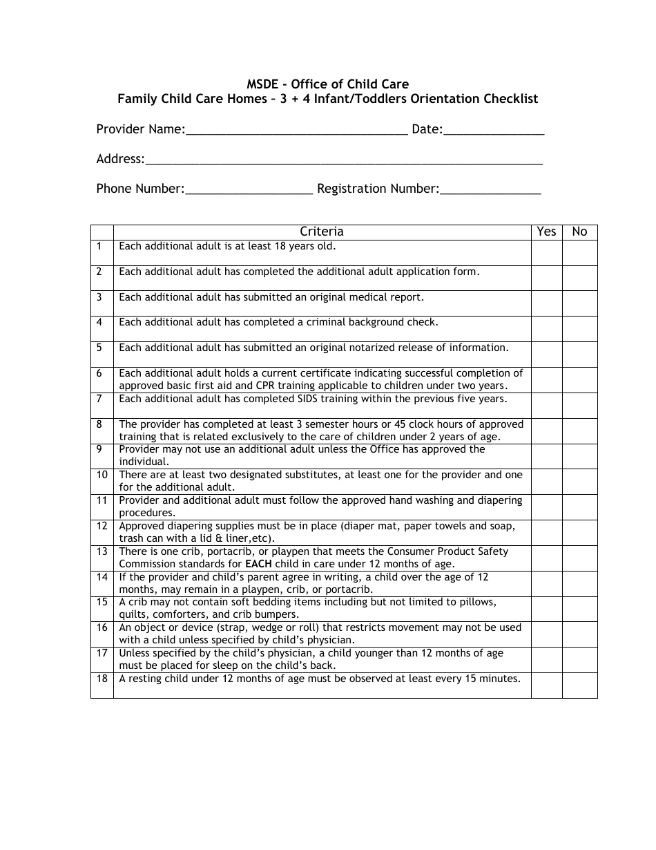 Family Child Care Homes - 3 + 4 Infant / Toddlers Orientation Checklist - Maryland, Page 1