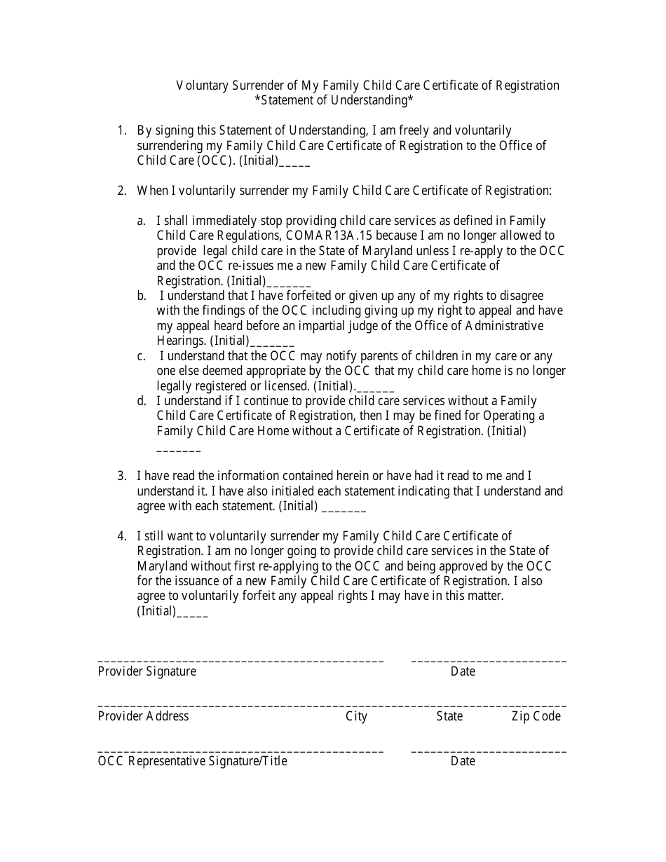 Maryland Voluntary Surrender of a Family Child Care Registration ...