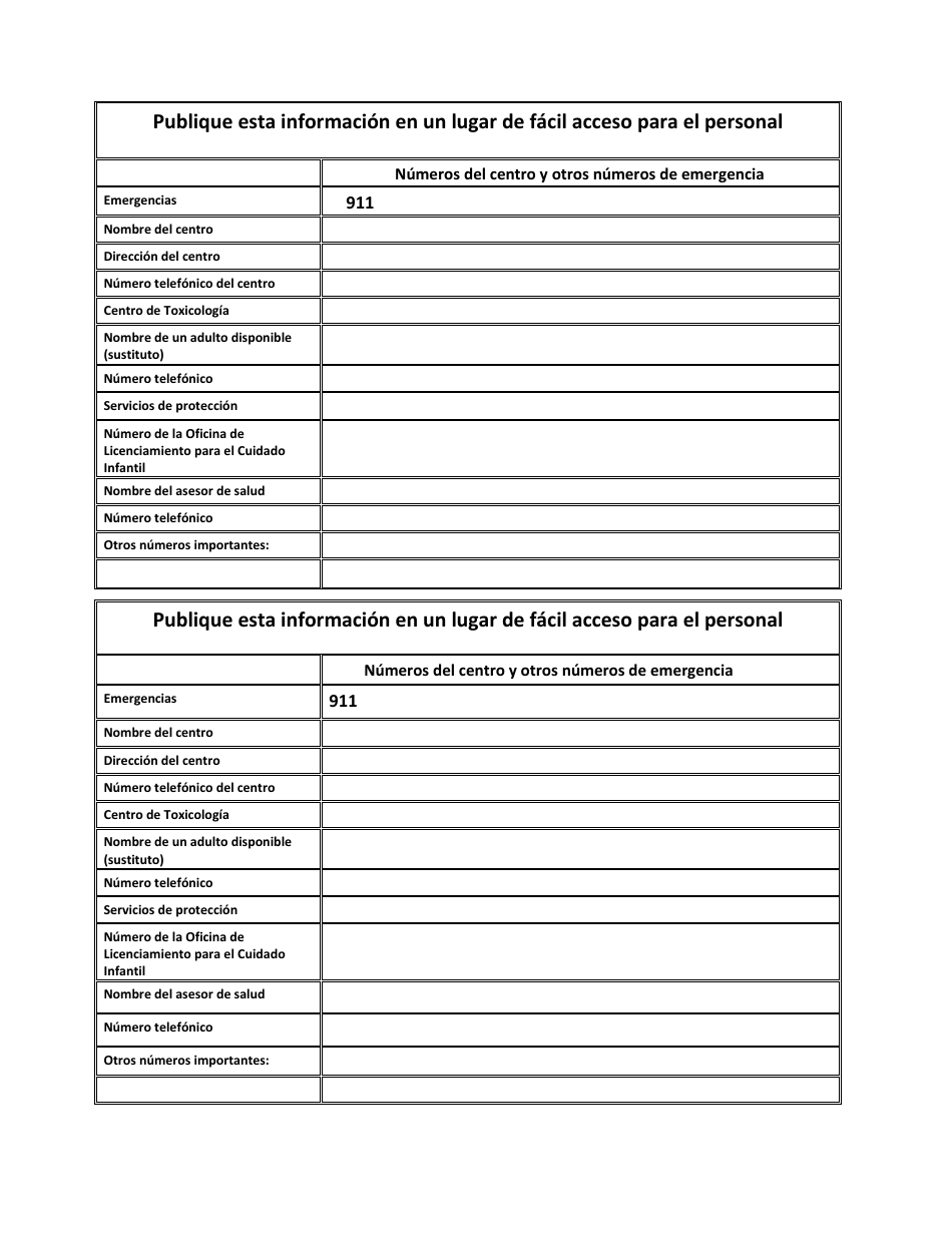 Numeros Del Centro Y Otros Nimeros De Emergencia Form - Maryland (Spanish), Page 1