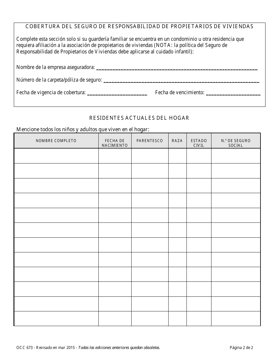 Formulario OCC673 Solicitud Para Continuar La Inscripcion De Guarderia Familiar - Maryland (Spanish), Page 2