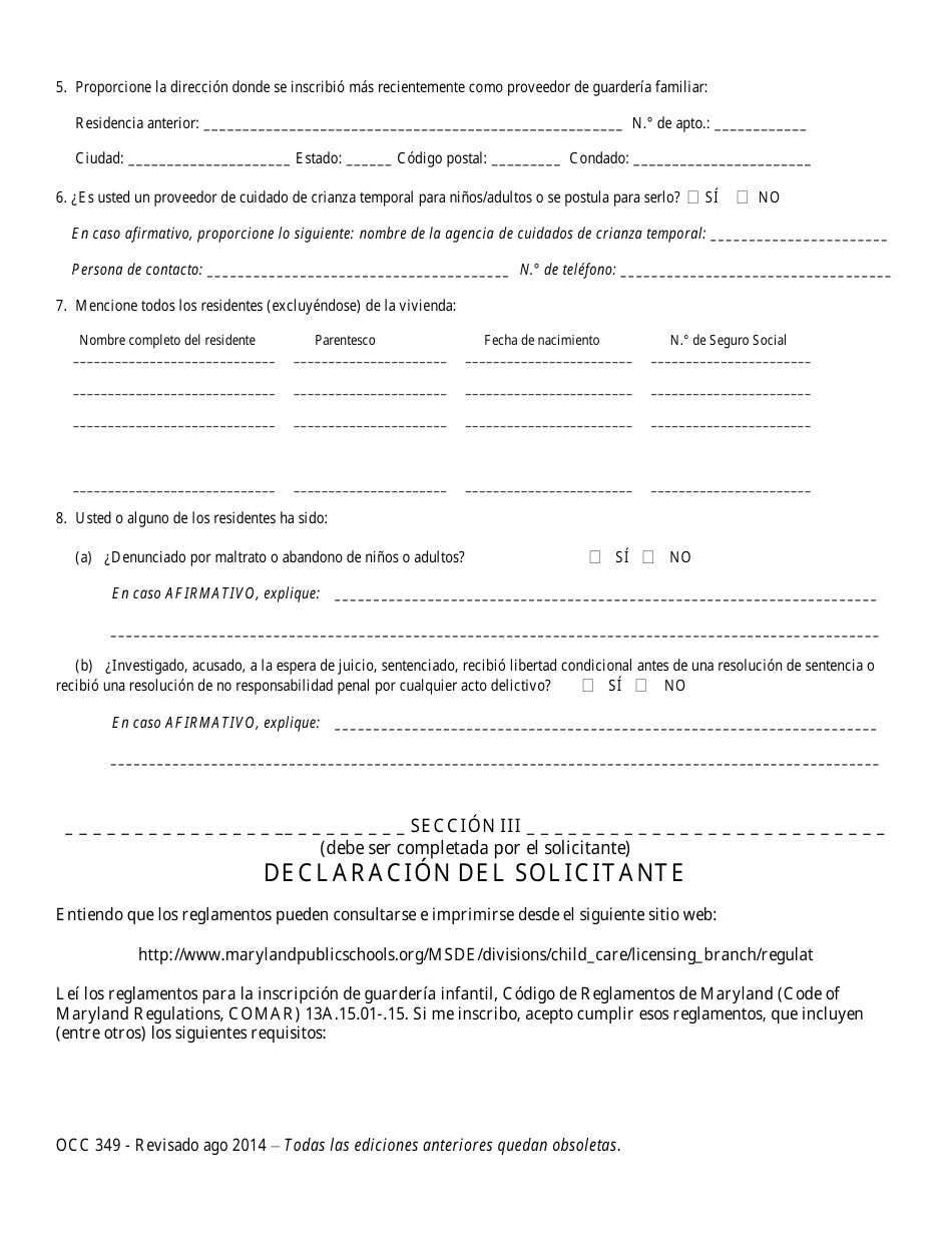 Formulario OCC349 Solicitud Para Reanudar El Servicio - Maryland (Spanish), Page 2