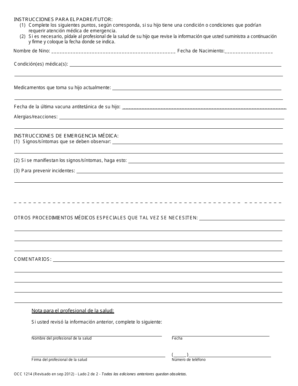 Formulario OCC1214 Formulario De Emergencia - Maryland (Spanish), Page 2