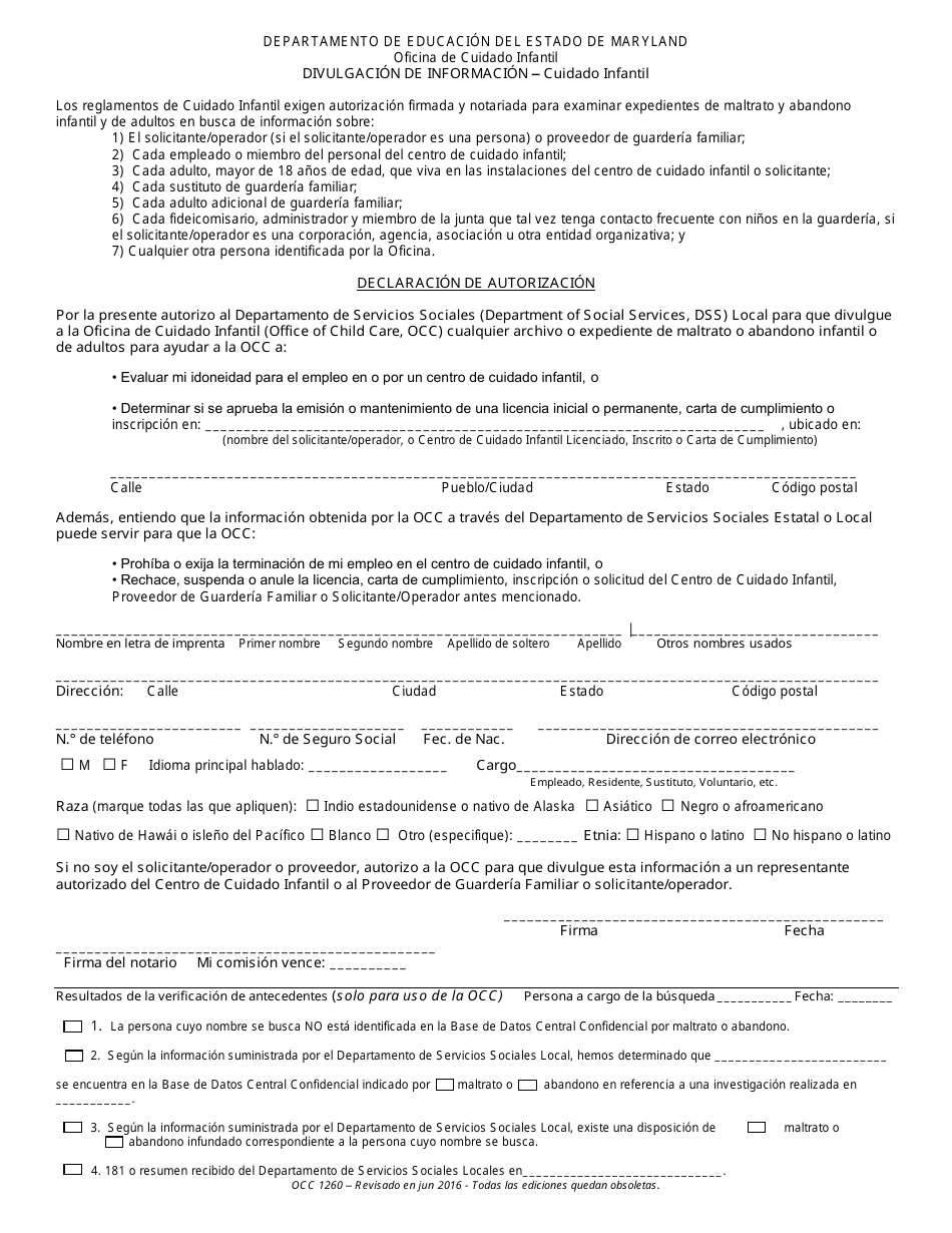 Formulario OCC1260 Divulgacion De Informacion - Cuidado Infantil - Maryland (Spanish), Page 1