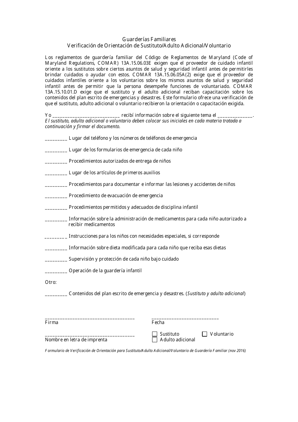 Verificacion De Orientacion De Sustituto / Adulto Adicional / Voluntario - Maryland (Spanish), Page 1
