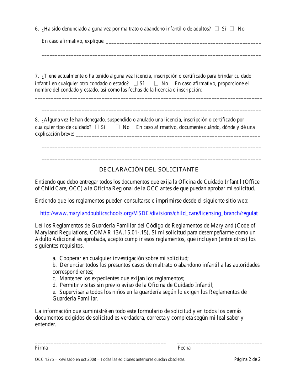 Formulario OCC1275 Solicitud De Adulto Adicional - Solicitud De Aprobacion De Tres O Cuatro Bebes / Ninos Pequenos - Maryland (Spanish), Page 2